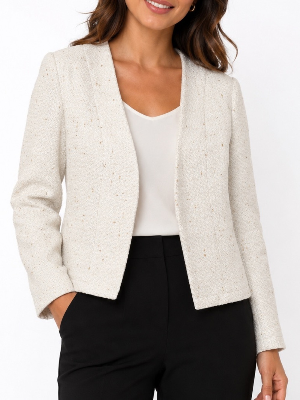 Mina Self Cream  and Gold Tweed Open-Front Blazer with Subtle Gold Flecks